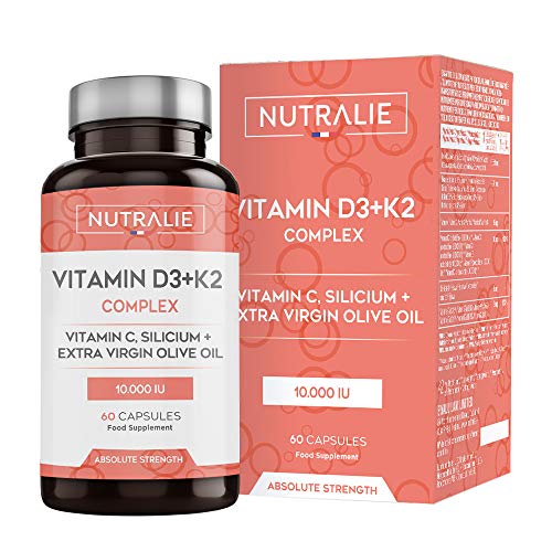 Vitamina D3 10.000 UI + K2 MK7 Alta Dosis | Contribuye al Sistema Inmunitario, Huesos y Músculos con Vitamina D3, K2, C, Silicio y Aceite de Oliva Virgen Extra | 60 cápsulas Nutralie Vitamina D3 10.000 UI + K2 MK7 Alta Dosis | Contribuye al Sistema Inmunitario, Huesos y Músculos con Vitamina D3, K2, C, Silicio y Aceite de Oliva Virgen Extra | 60 cápsulas Nutralie