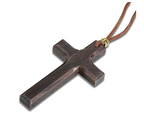 VNOX Vintage Hecho a Mano de Madera Cruz Cruz Collar Colgante Crucifijo en Cordón Collar,Regalo Religioso