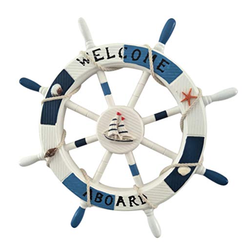 VOSAREA Timón de madera Welcome náutico decorativo con concha y estrella de mar, 45 cm