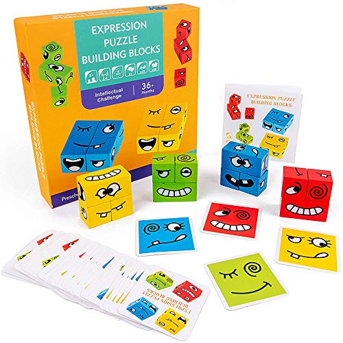 WELLXUNK Bloques Que Cambian La Cara,Cubos de Cambio de Cara de Juguete,Cubes Juego Juego De Cubos De Rompecabezas Emoji con 50 Tarjetas , Rompecabezas de Formas Coloridas, Juguete Educativo