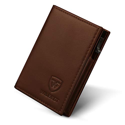 wilbest® Cartera RFID, Tarjetero Hombre - Cera de Aceite de Capa Superior de Piel de Vaca, Tipo de Empuje de Mano - 10 x 7.3 x 2 cm, 9 Tarjetas, Dinero Plegable (Marrón)