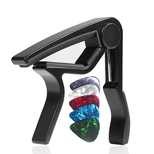 WiNGO Cejilla de Guitarra para Electrica Acustica Folk Ukelele Bajo Guitar Aleación de Aluminio Guitar Capo con 5 Púas de Guitarra, Negro. WiNGO Cejilla de Guitarra para Electrica Acustica Folk Ukelele Bajo Guitar Aleación de Aluminio Guitar Capo con 5 Púas de Guitarra, Negro.