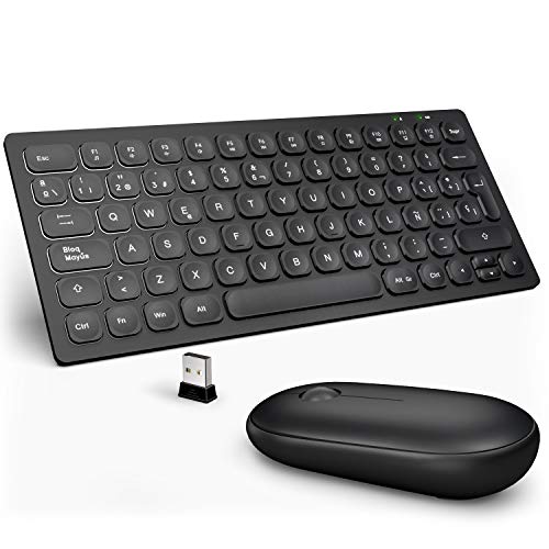 WisFox Combo de Teclado y Ratón Inalámbricos, 2.4GHz Silencioso Combo de Ratón Inalámbrico con Teclado USB Teclado Pequeños, Compactos, Delgados, Compactos para Windows/Computadoras/PC/Laptops