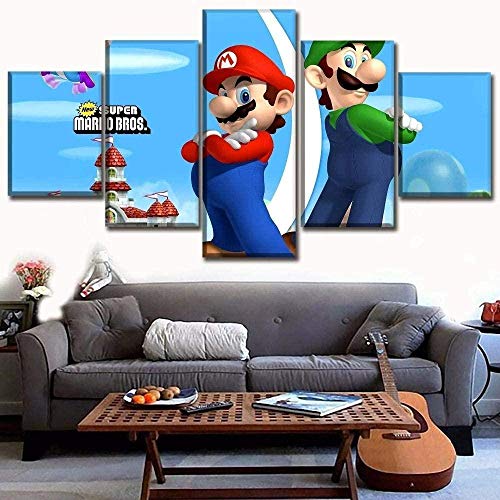 wodclockyui 5 Piezas Cuadro de Lienzo - Super Mario Bros.Classic Pintura 5 Impresiones de imágenes Decoración de Pared para el hogar Pinturas y Carteles de Arte HD 200cmx100cm Sin Marco