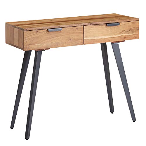 Wohnling Mesa consola 90 x 78 x 36 cm, madera maciza de acacia y metal, con cajones, pequeño escritorio con patas de metal, tocador moderno, mesa de pasillo maciza