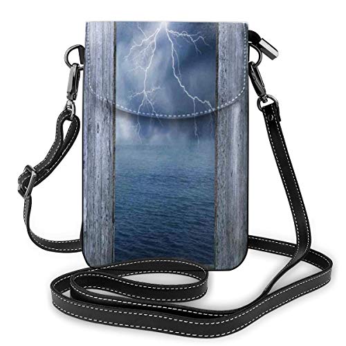 Women Small Cell Phone Purse Crossbody,Thunder Bolt At Night From Window In A Seaside House Forces Of Nature Theme Print