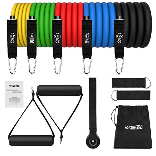 WOTEK Bandas Elasticas Musculacion,Set de Bandas de Resistencia con Cinco Tubo de Látex,Bandas de Resistencia Fitness para Yoga,Fisioterapia,Estiramientos,Gimnasio en Casa,Incluye Bolsa de Transporte