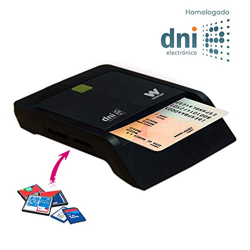 Woxter Lector Dni Combo - Lector DNI electrónico, Compatible con Las Tarjetas Smart Cards o Tarjetas Inteligentes, con 3 Ranuras para Tarjetas, Color Negro