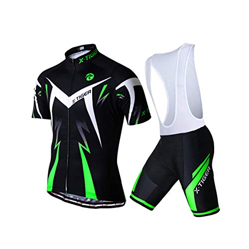 X-TIGER Ciclismo Maillots para Hombres con Tirantes Manga Corta Transpirable Secado Rápido con 5D Acolchado Gel Culotes Culotte Pantalones Cortos (verde,2XL)