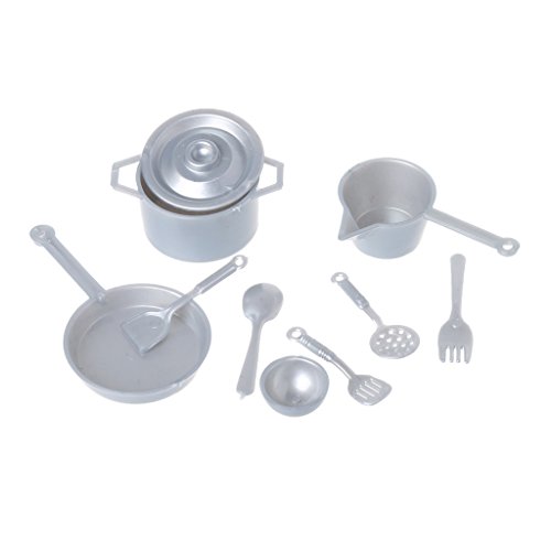Xuniu 10 Piezas Mini vajilla, 1:12 Tenedor Pot Conjunto de Cocina Juguetes de Alimentos Casa de Muñecas Miniatura Muñecas Accesorios Plata