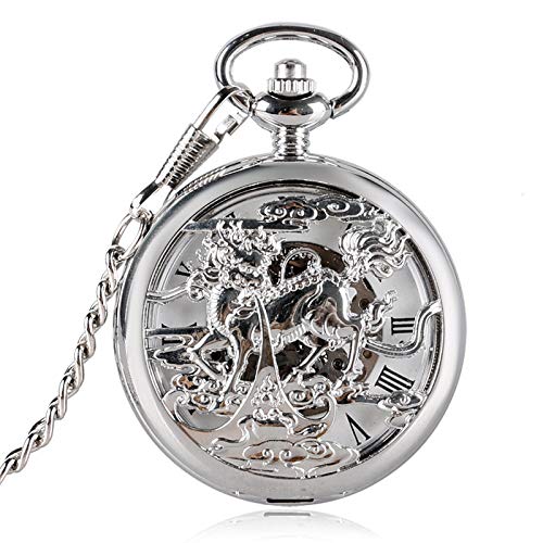 XVCHQIN Reloj de Cuerda de dragón de Estilo Chino, Colgante mecánico Hueco Kirin de Moda de Bolsillo con Cadena, Plateado