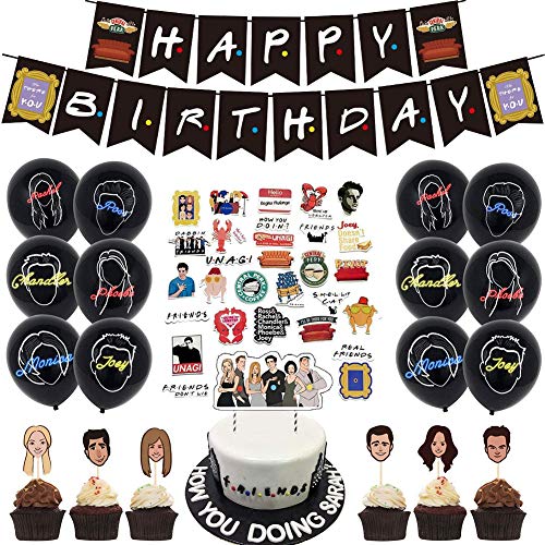XYDZ Kit de Decoraciones de cumpleaños temáticas de Amigos, pancartas de Feliz cumpleaños, Globos de Confeti, Adornos para Tartas y Cupcakes, Pegatinas DIY