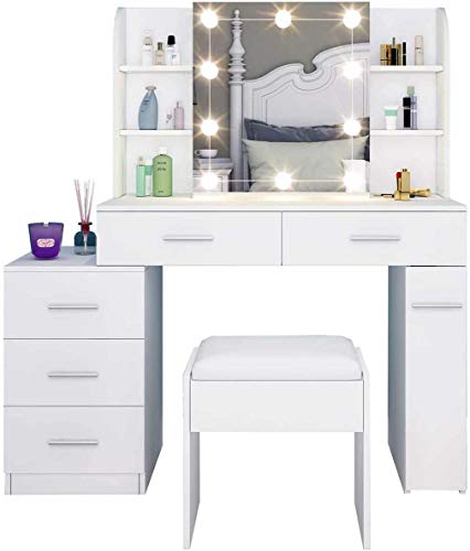 YLXD Tocador De Dormitorio Tocador Moderno Y Sencillo De 5 Cajones con Tocador De Bombilla con Espejo Corredizo Y Tocador De Taburete YLXD Tocador De Dormitorio Tocador Moderno Y Sencillo De 5 Cajones con Tocador De Bombilla con Espejo Corredizo Y Tocador De Taburete