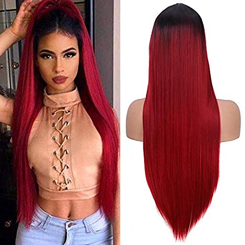 YMH PRIDE Pelucas rectas de color negro a rojo vino Ombre para mujeres Peluca de pelo sintético de parte media de aspecto natural (24 pulgadas)