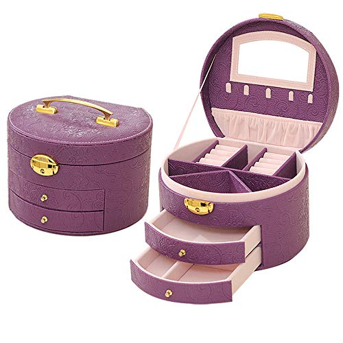 YOLANDE Joyero, Joyero Oganiser, Tres Capas Cuero PU Joyero Joyero Joyero Joyero con Espejo y Cerradura, para Niñas y Mujeres, Morado