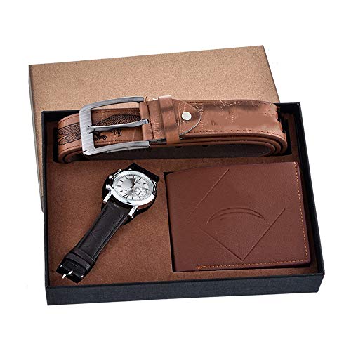 YOLANDE Marrón Piel Hombre Cuarzo Reloj De Pulsera Cinturón Cartera Regalo Set para San Valentín, Navidad, Aniversario