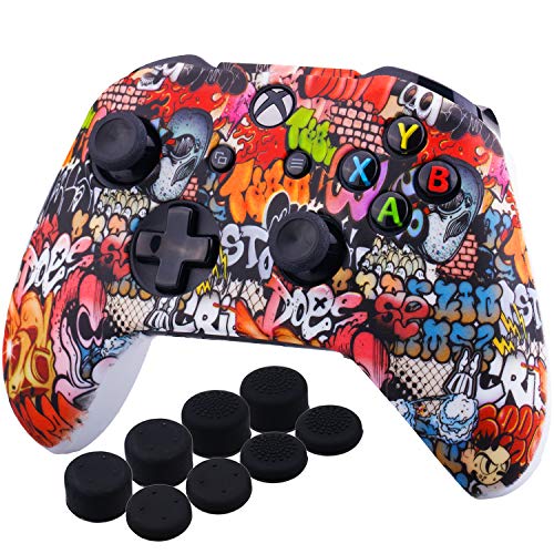 YoRHa Impresión Caucho de Silicona Funda Skin Case Carcasas Piel para Xbox One S / X Mando Controller x 1 (Calavera Pintada) Con Agarres para el Pulgar Thumb Grip PRO x 8