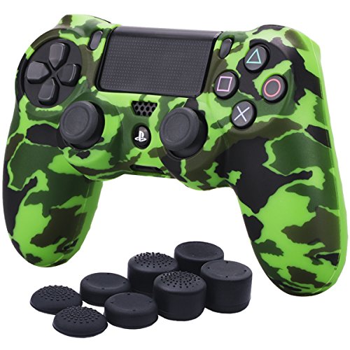 YoRHa Transferencia de agua camuflaje de impresión silicona caso piel Fundas protectores cubierta para Sony PS4/slim/Pro Mando x 1 (verde) Con PRO los puños pulgar thumb gripsx 8