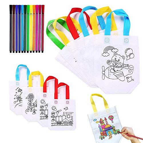 YOUYIKE Bolsas Regalo Cumpleaños, DIY Graffiti Bolsas Infantiles para Colorear, 10 Bolsas de Regalo con 12 Juegos de Bolígrafos para Colorear,para Regalo niños Fiestas y cumpleaños