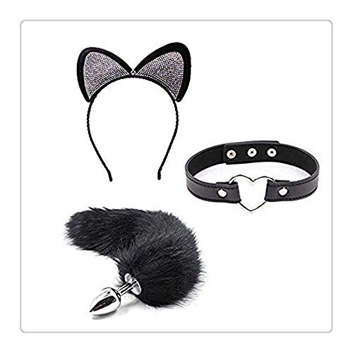 Z-one 1 3Pcs Fashion Cat Shiny Diamond Jewelry Diadema y Metal Fox Tail con forma de coraz¨®n Collar Chocker para los encantos de regalos Encantos Jugar juego de fiesta