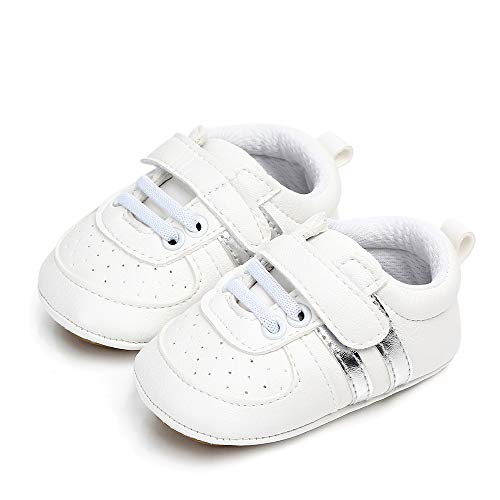 Zapatos Bebe Niño Niña Recién Nacido Primeros Pasos Zapatillas Deportivas Bebé Suela Blanda Antideslizante Blanco Plata 6-12 Meses