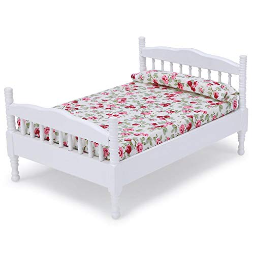 Zerodis 1:12 Cama de muñeca Muebles de Madera para casa de muñecas Muebles en Miniatura Mini muñeca Cama Modelo Decoración Sala de Estar Juego de imitación Juguete Educativo para niños(Blanco)