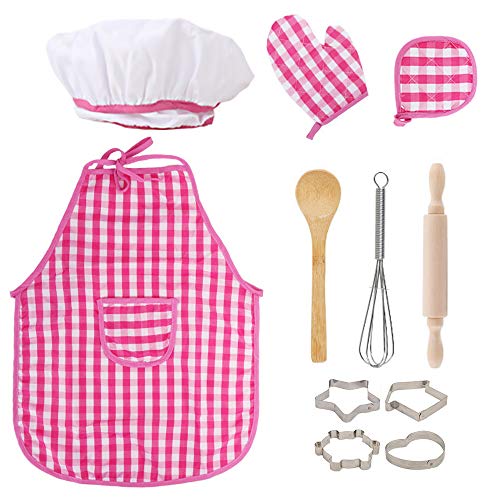 ZoneYan Chef Set Delantales para Niños, Delantal de Cocina para Niños, Conjunto de Delantal Infantil, Niños Delantal y Gorro de Cocinero, Perno de Balanceo y Cortador de Galletas (Rosa)