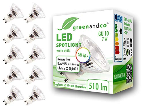 10x Spot LED greenandco® IRC90+ 3000K 36° GU10 7W (corresponde a 60W) 510lm SMD LED 230V AC, sin parpadeo, no regulable
