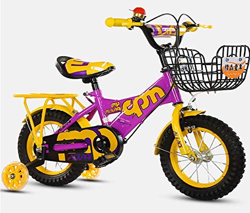 12 Pulgadas Bicicletas Infantiles,NiñO NiñA Bicicleta Con Asiento Trasero Freno Doble Ruedas De Entrenamiento Marco Acero Canasta Asiento Ajustable Asa Para 2 3 4 AñOs AntigüEdad Regalo, Purple/Yellow