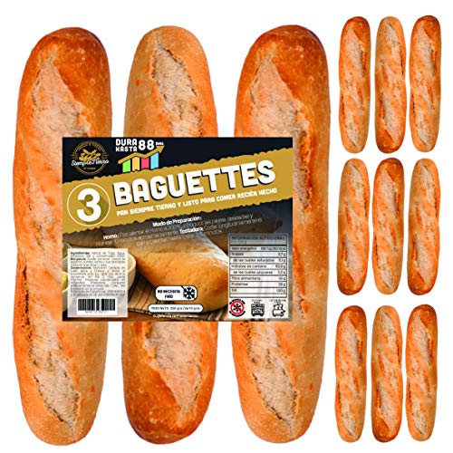 12 x Baguettes de Pan SiempreTierno 110 grs (1320 grs total) · Dura hasta 88 días sin necesitad de frio ni congelación · Ideal para cualquier momento · Embolsadas en Atmosfera Protectora .