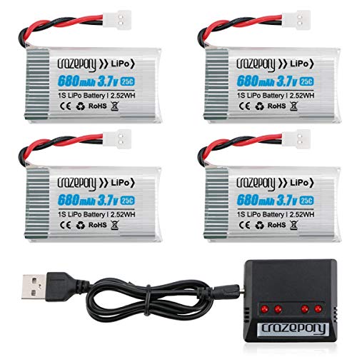 1S 3.7V Lipo 680mAh Drone Batería para Syma X5 X5C X5C-1 X5SW X5SW-V3 UDI UFO 3000 SNAPTAIN S5C FQ36 MJX X708 X708W Force1 U45 U45W T5W JJRC H42 SS40 GoolRC T32 RC Quadcopter Drone + 4 EN 1 Cargador 1S 3.7V Lipo 680mAh Drone Batería para Syma X5 X5C X5C-1 X5SW X5SW-V3 UDI UFO 3000 SNAPTAIN S5C FQ36 MJX X708 X708W Force1 U45 U45W T5W JJRC H42 SS40 GoolRC T32 RC Quadcopter Drone + 4 EN 1 Cargador