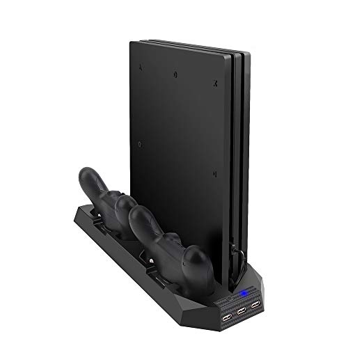 2 en 1 Soporte Vertical para PS4 Slim / PS4 con Ventilador de enfriamiento, para Playstation 4 / Slim Console, Dual Controller Charge Station, 3 Puerto HUB (NO para Pro)