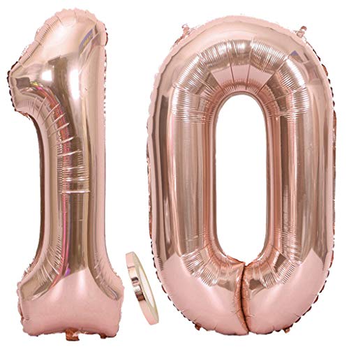 2 Globos Número 10 Oro Rosa, Globo de Papel Aluminio Gigante Numero 10 Globo 100cm con Cinta 40" Globo Inflable de Helio para Decoración de Fiesta de Cumpleaños Fiesta de Graduación