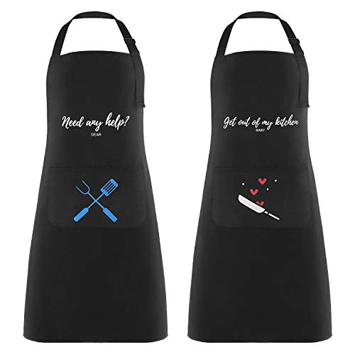 2 Piezas Delantales de Cocina Delantal Cocina Mujer Delantales Impermeables para Cocina Ajustables para Mujeres Hombres,Delantal Chefs Cocina para Cocinar/Hornear,Negro