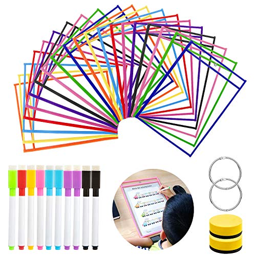 20 Pack Dry Erase Pockets, GuKKK Resuable Dry Erase Pockets Papelería Suministros 35.5×25.5 cm / A4 con Bolígrafos, para la Organización en el Aula y Colegio, Guardería, Oficina