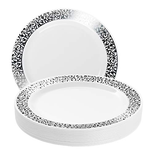 20 Premium Platos Multi-Uso de Plástico Duro con Elegante Borde de Encaje Plateado, 26cm| Durable Lavable y Reutilizable| Vajilla Blanca y Plateada| Bodas Fiestas Cumpleaños. 20 Premium Platos Multi-Uso de Plástico Duro con Elegante Borde de Encaje Plateado, 26cm| Durable Lavable y Reutilizable| Vajilla Blanca y Plateada| Bodas Fiestas Cumpleaños.