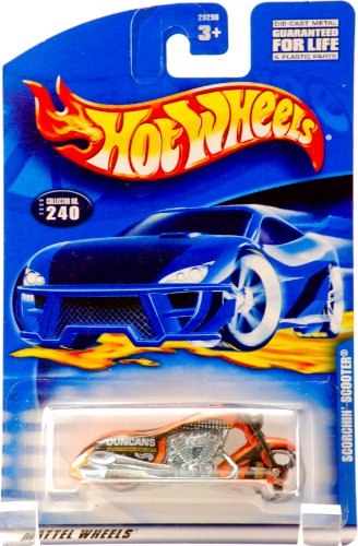 2000 - Mattel - Hot Wheels - Collector #240 - Scorchin' Scooter - Orange & Black - Duncans Motorcycles Graphics - 3 Spoke Wheels - Extra Wide Rear Tire - New - Out of Production - Limited Edition - Collectible by Hot Wheels