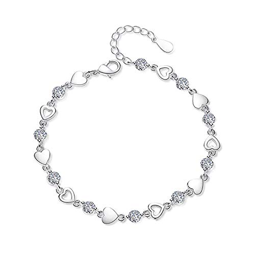 24 JOYAS Pulsera Ajustable Corazones en Plata de Ley 925 y Circonitas de Pureza AAA de 20 + 3,5 Centímetros Regalo romántico para Mujer