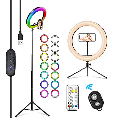 2NLF Aro de Luz para Movil 10" RGB Anillo de luz LED con Trípode Soporte 53" Altura Regulable 26 Colores 10 Brillos Regulables Control Remoto Inalámbrico para Selfie Maquillaje Youtube TIK Tok Live 2NLF Aro de Luz para Movil 10" RGB Anillo de luz LED con Trípode Soporte 53" Altura Regulable 26 Colores 10 Brillos Regulables Control Remoto Inalámbrico para Selfie Maquillaje Youtube TIK Tok Live
