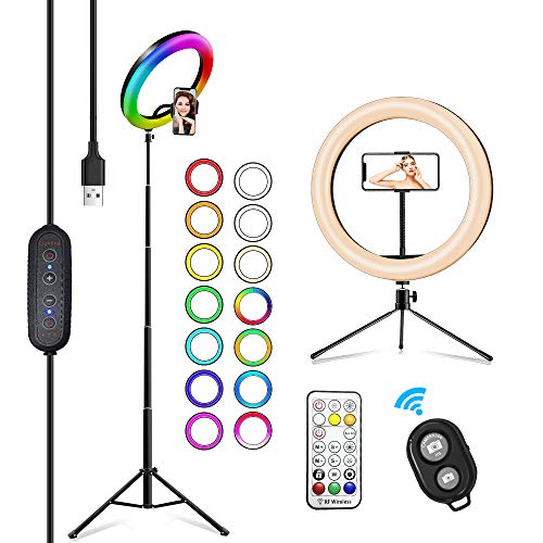 2NLF Aro de Luz para Movil 10" RGB Anillo de luz LED con Trípode Soporte 53" Altura Regulable 26 Colores 10 Brillos Regulables Control Remoto Inalámbrico para Selfie Maquillaje Youtube TIK Tok Live