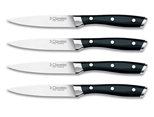 3 Claveles Juego de 4 cuchillos de carne Set cuchillos cocina profesional Set 4 cuchillos chuleteros cuchillo set de utensilios cocina aptos para lavavajillas de mango ABS