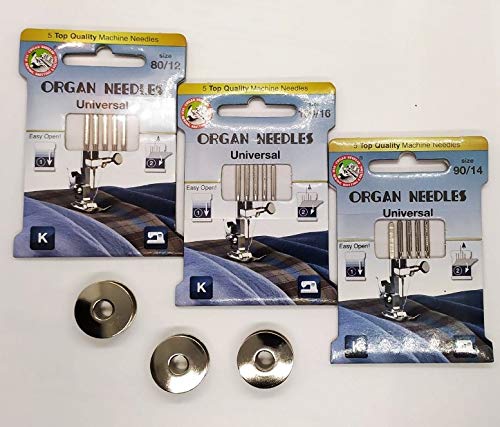 3 Estuches Agujas surtidas ORGAN para maquinas de coser y 3 canillas metalicas(Sigma 2000)