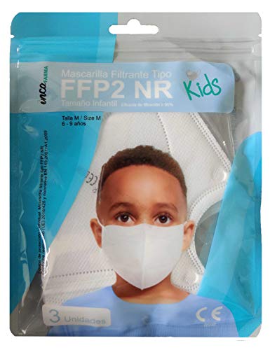 3 Mascarillas FFP2 desechables. Alta protección, confeccionada con 5 capas. Capacidad de filtrado ≥ a 95%. Talla niño de 6 a 9 años. Paquete de 3 unidades. UNE-EN 149:2001+A1:2009