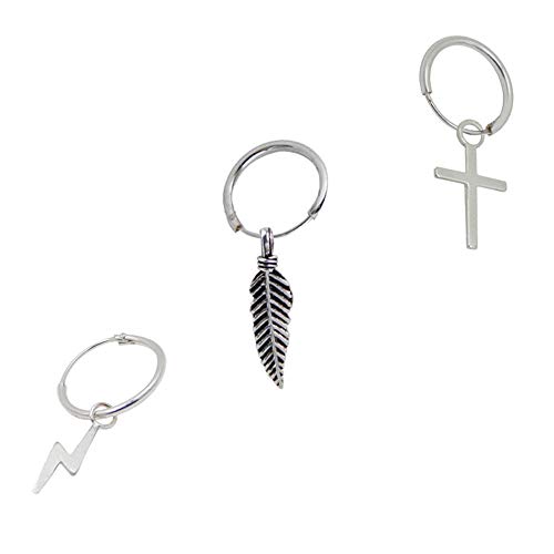 3 pendientes aros individuales plata de ley 1 aro con pluma colgando, 1 aro con rayo colgando y 1 aro con cruz colgando 3 pendientes aros individuales plata de ley 1 aro con pluma colgando, 1 aro con rayo colgando y 1 aro con cruz colgando