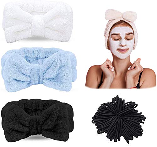 3 piezas de diadema mullida + 100 bandas de pelo bobbles para lavar la cara, diadema de maquillaje elástico Macllar, diadema de spa, banda de pelo negra, bobbles