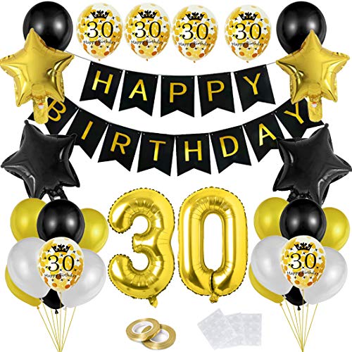 30 Globos Cumpleaños Decoracione Oro Negro, Happy Birthday cumpleaños,Decoración Globos de Látex Dorado Papel de Oro Apto para Hombres y Mujeres Adultos Decoración de Fiesta