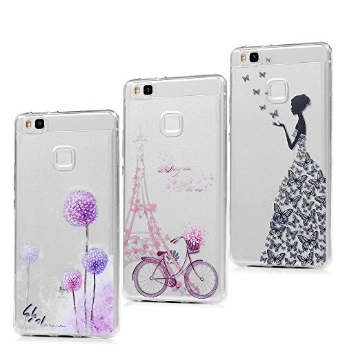 3x Funda Huawei P9 Lite, Carcasa Silicona Gel Case Ultra Delgado TPU Goma Flexible Cover para Huawei P9 Lite - Chica + Bici + Diente De León