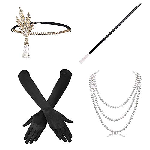 4 Piezas Juego de Accesorios Cabeza Vintage Guantes Largos de satén Collar de Perlas Soporte Largo para Mujer 1920s Charleston Gatsby Retro Disfraz (Negro) 4 Piezas Juego de Accesorios Cabeza Vintage Guantes Largos de satén Collar de Perlas Soporte Largo para Mujer 1920s Charleston Gatsby Retro Disfraz (Negro)