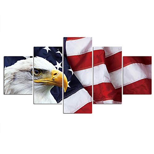 5 piezas de pintura en lienzo, arte de pared, impresiones en HD, cartel de imagen de águila de bandera americana para decoración del hogar (con marco) _100x55cm