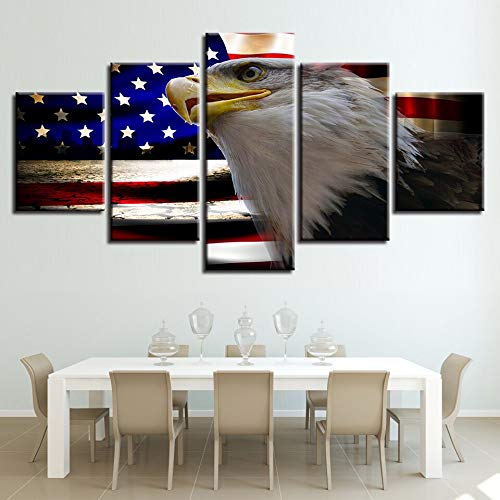 5 piezas de pinturas en lienzo decoración del hogar sala de estar arte de la pared impresión en HD bandera americana e imágenes de águila cartel modular de pintura de animales (con marco) _150x80cm